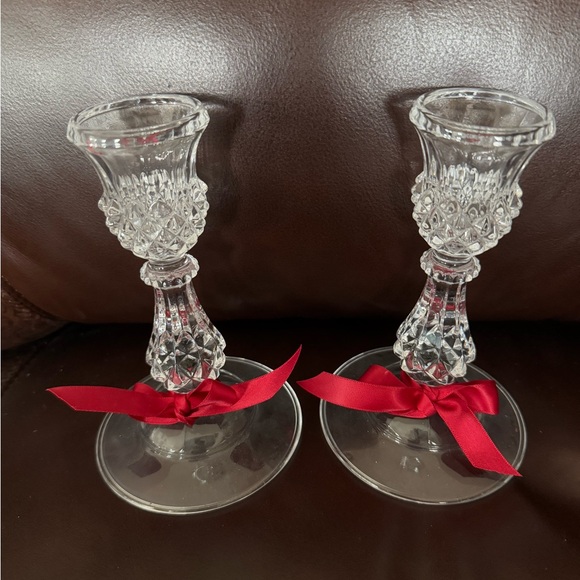 Crystal candle holders 6 1/2” tall clear glass set of 2